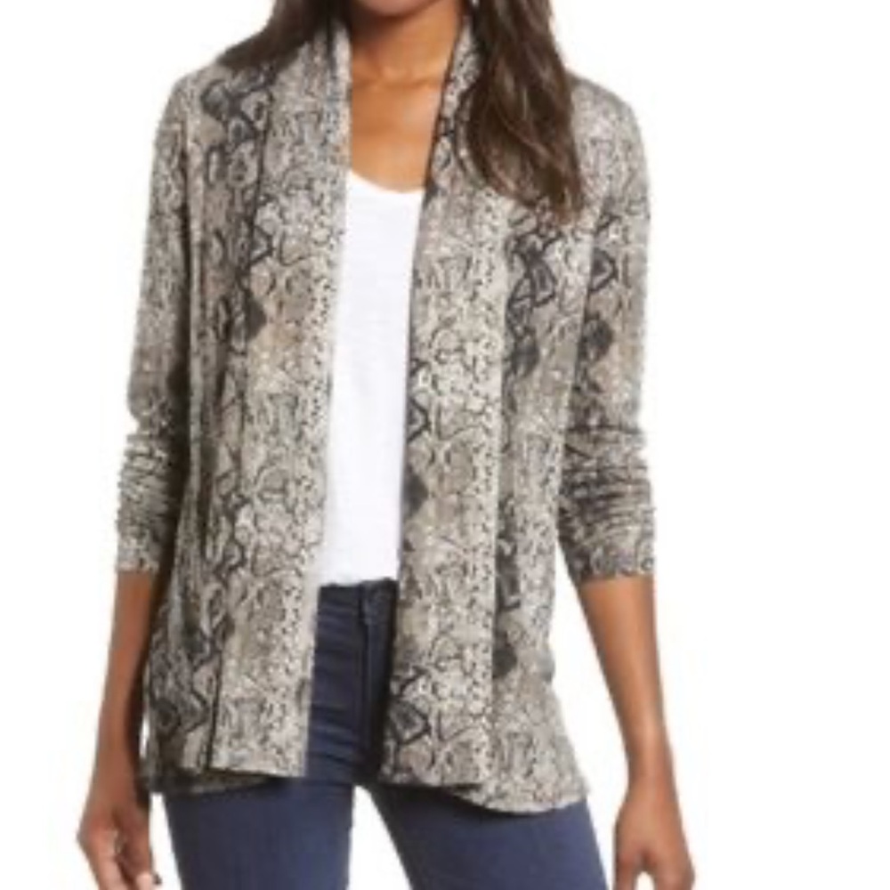 White + Warren Cashmere Long Open Cardigan in Snake Print Tan Black Small